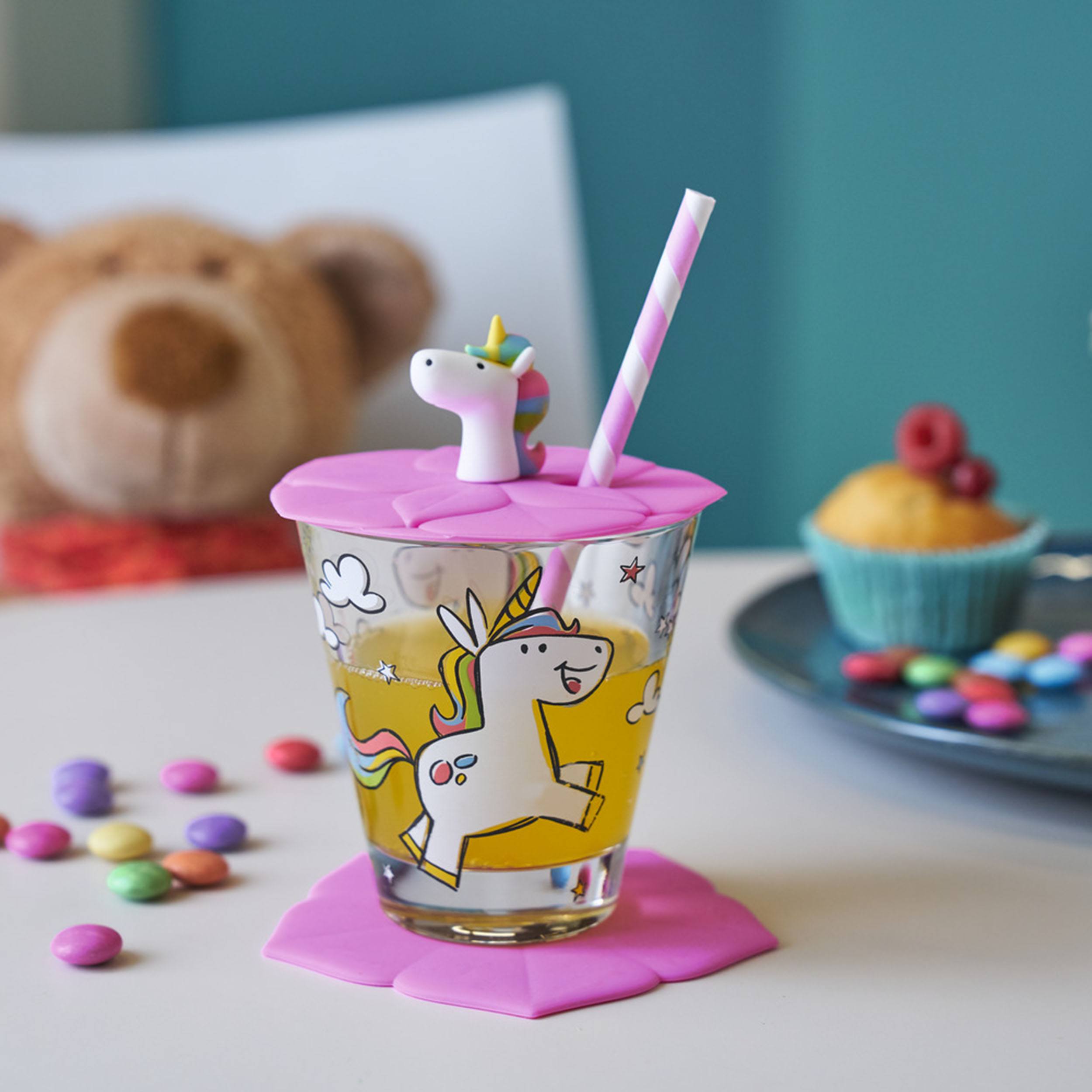Bambini Kinderbecher mit Deckel und Untersetzer Flamingo Einhorn Panda 3er-Set